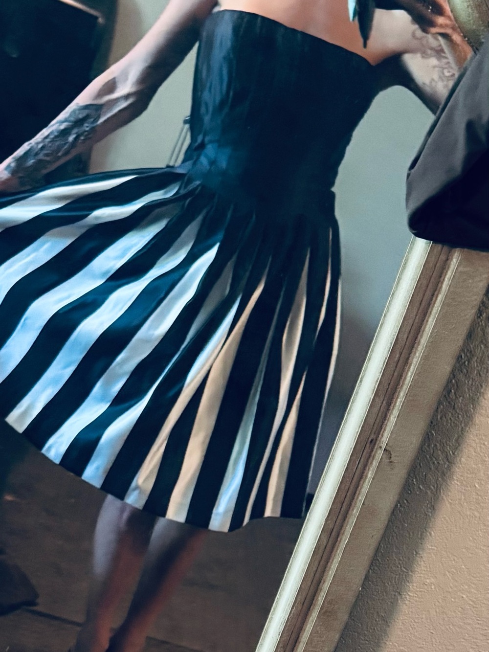 BCBG Strapless Black and White Pleated A-Line Dress